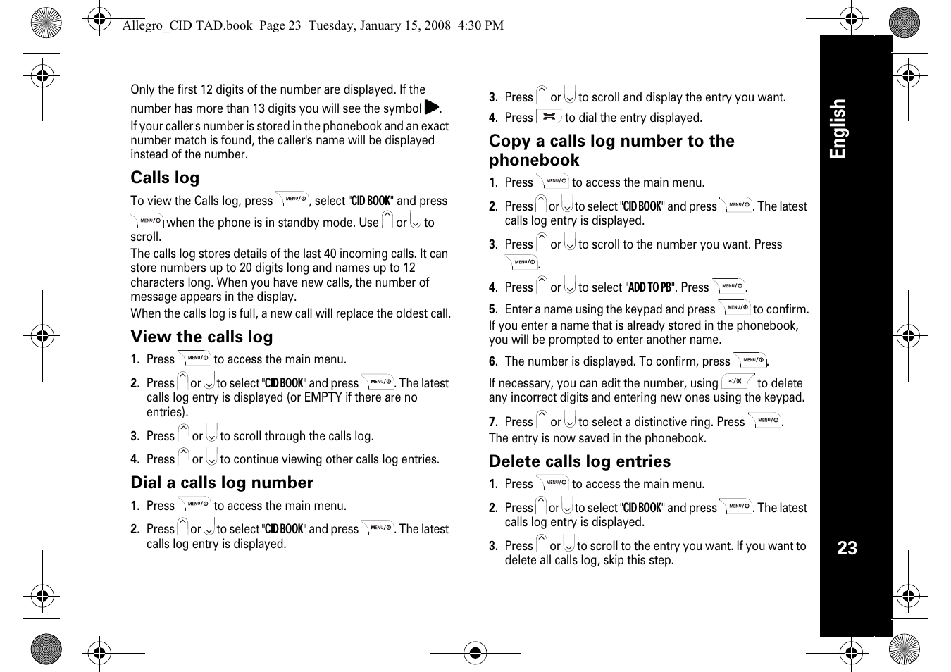 English, Calls log, View the calls log | Dial a calls log number, Copy a calls log number to the phonebook, Delete calls log entries | Motorola D210 User Manual | Page 25 / 32