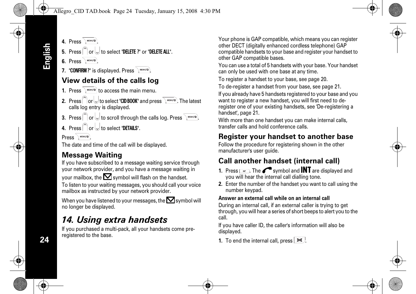 English, Using extra handsets | Motorola D210 User Manual | Page 26 / 32