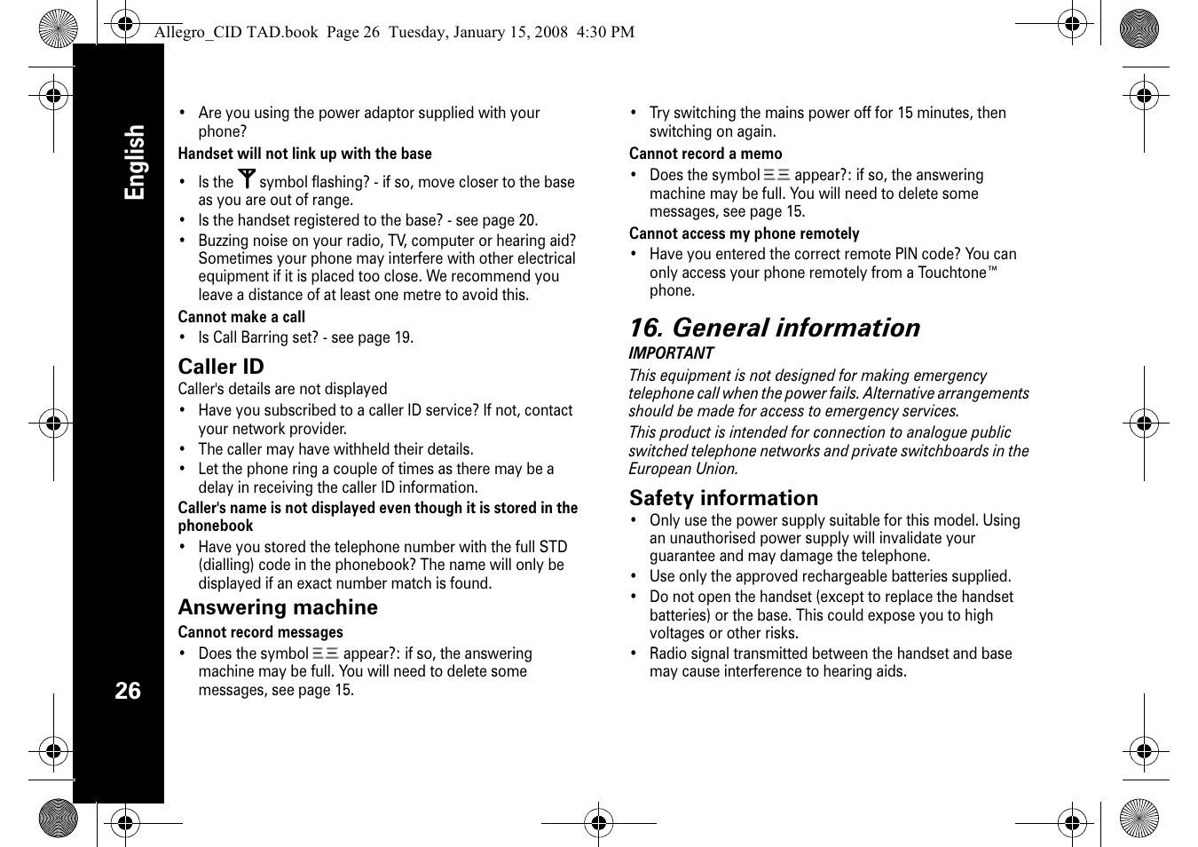 English, General information | Motorola D210 User Manual | Page 28 / 32
