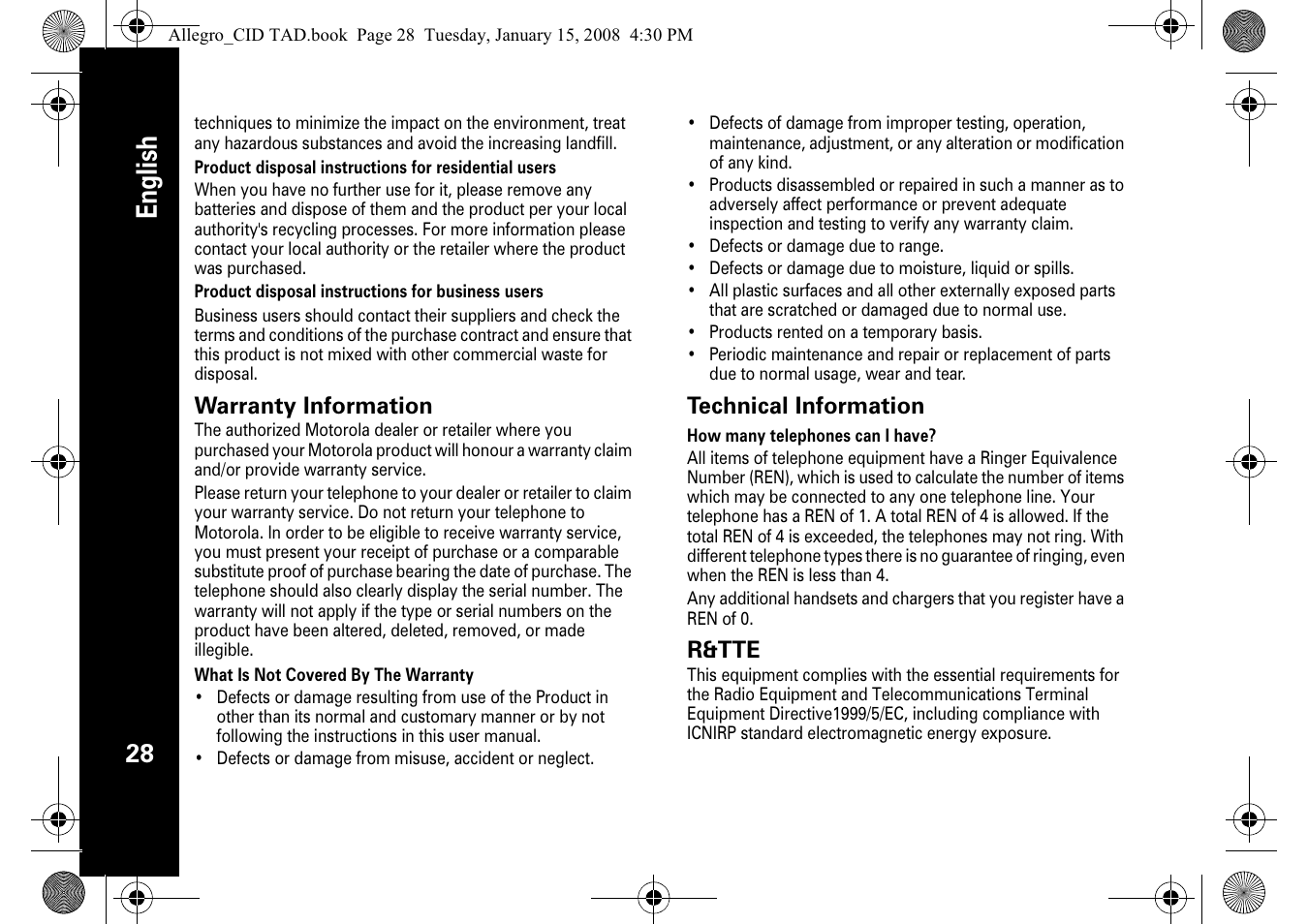 English | Motorola D210 User Manual | Page 30 / 32