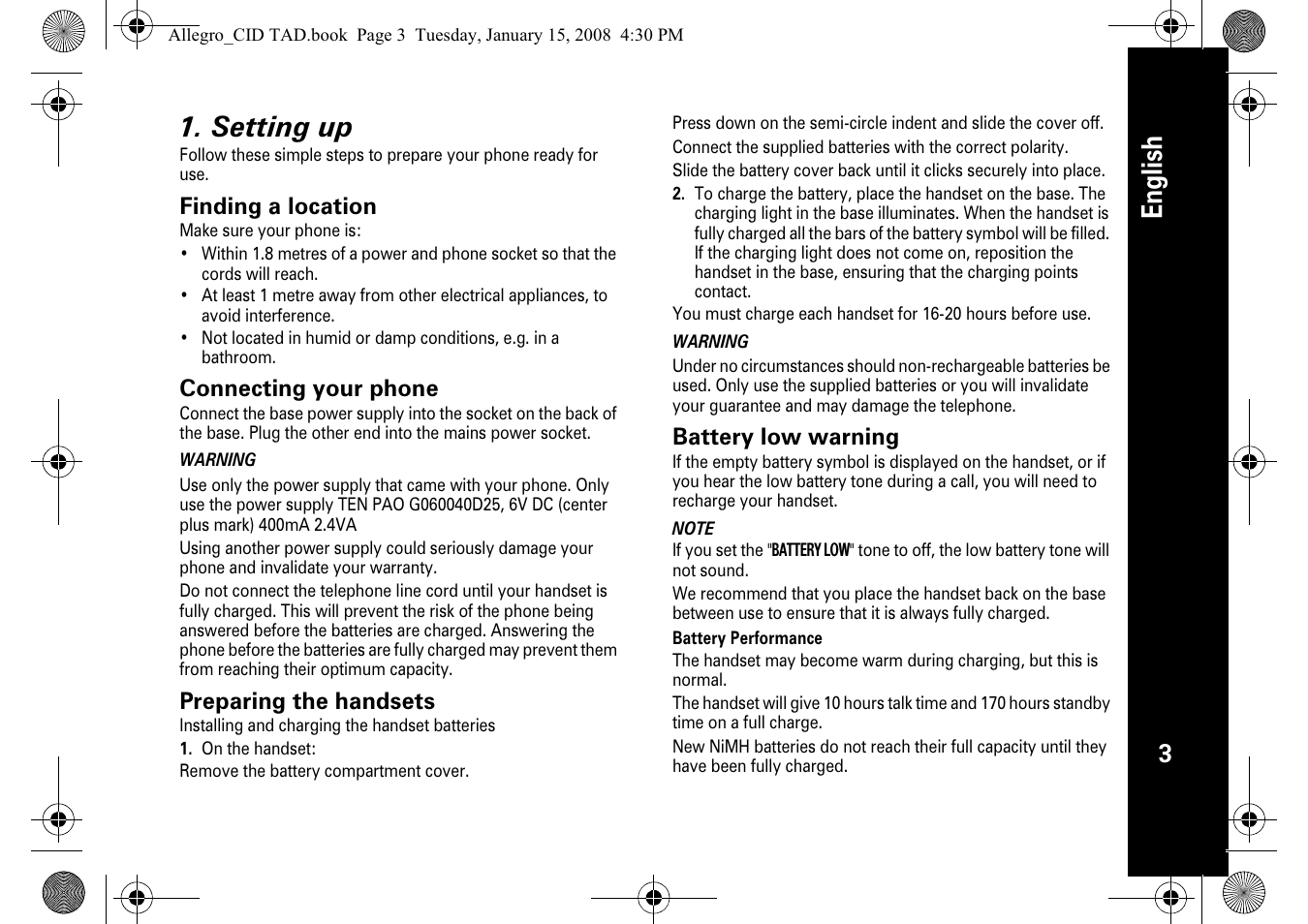 English 1. setting up | Motorola D210 User Manual | Page 5 / 32