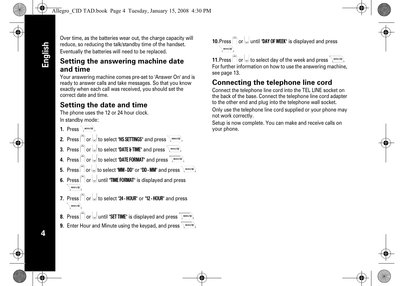 English, Setting the answering machine date and time, Setting the date and time | Connecting the telephone line cord | Motorola D210 User Manual | Page 6 / 32