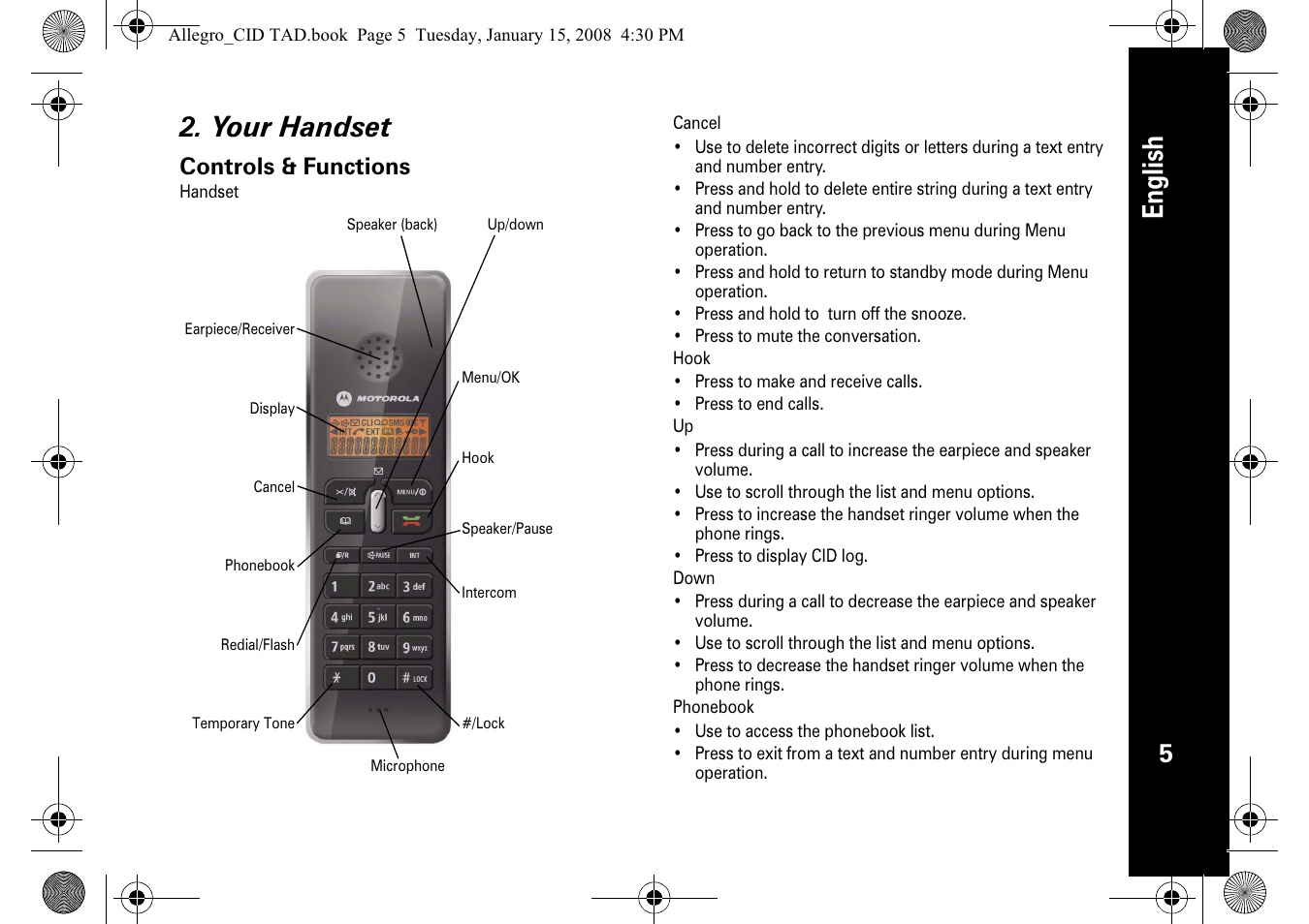 English 2. your handset, Controls & functions | Motorola D210 User Manual | Page 7 / 32