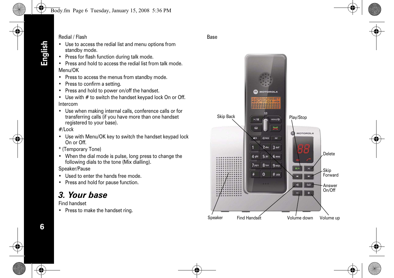 English, Your base | Motorola D210 User Manual | Page 8 / 32