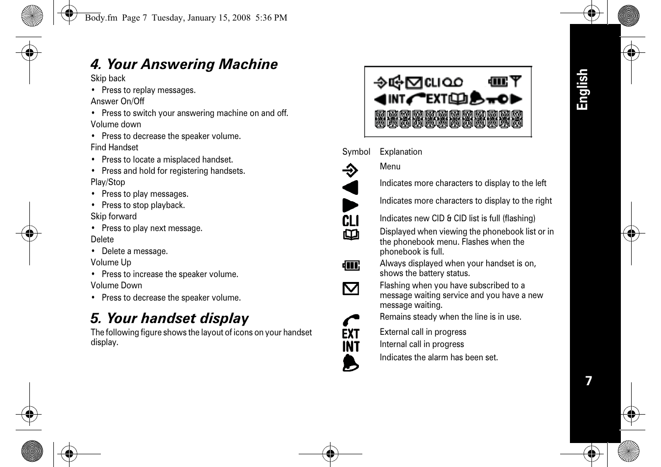 English 4. your answering machine, Your handset display | Motorola D210 User Manual | Page 9 / 32