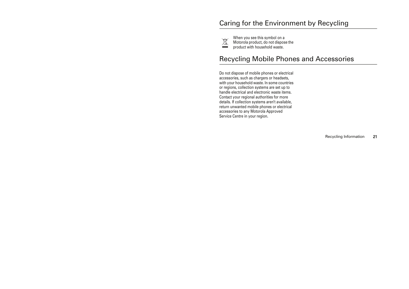 Caring for the environment by recycling, Recycling mobile phones and accessories | Motorola Cell Phone User Manual | Page 10 / 35