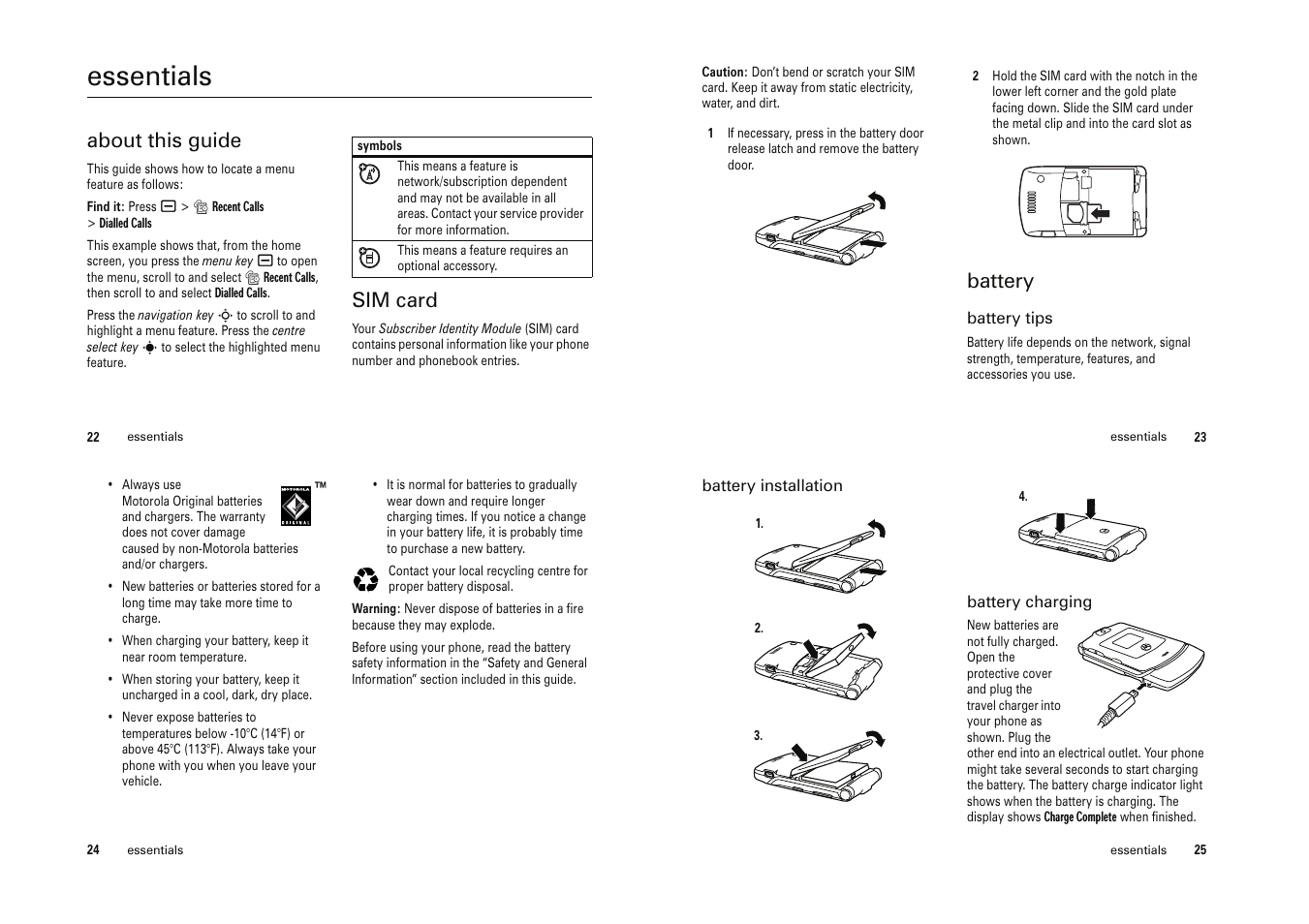 Essentials, About this guide, Sim card | Battery | Motorola Cell Phone User Manual | Page 11 / 35