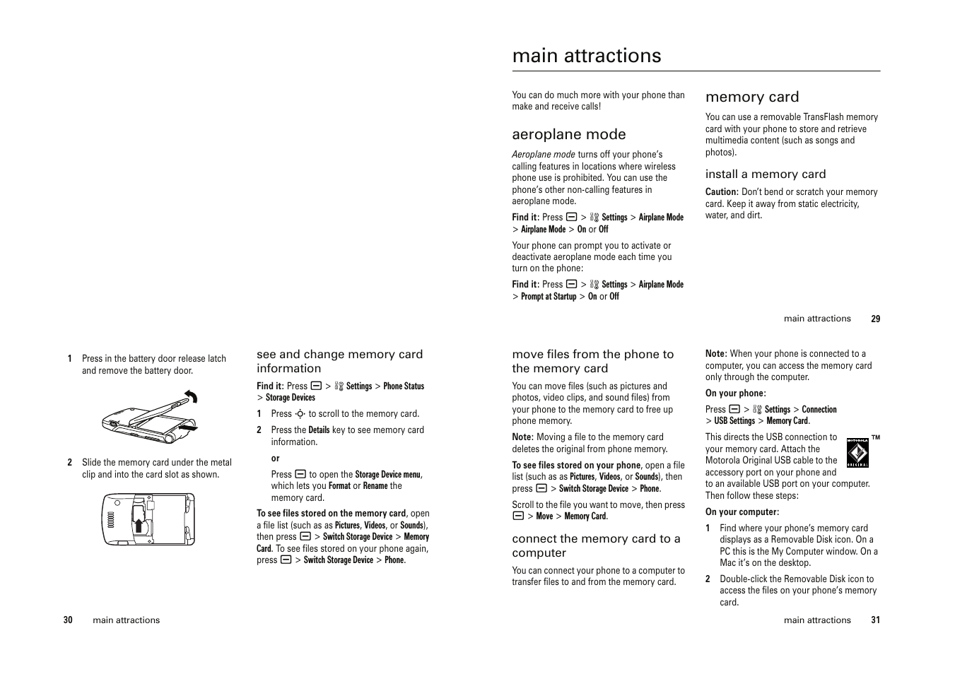 Main attractions, Aeroplane mode | Motorola Cell Phone User Manual | Page 13 / 35