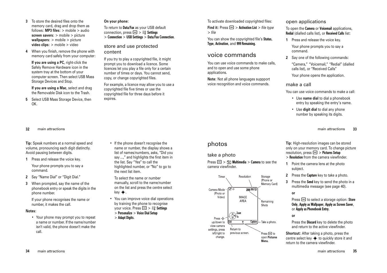 Voice commands, Photos | Motorola Cell Phone User Manual | Page 14 / 35