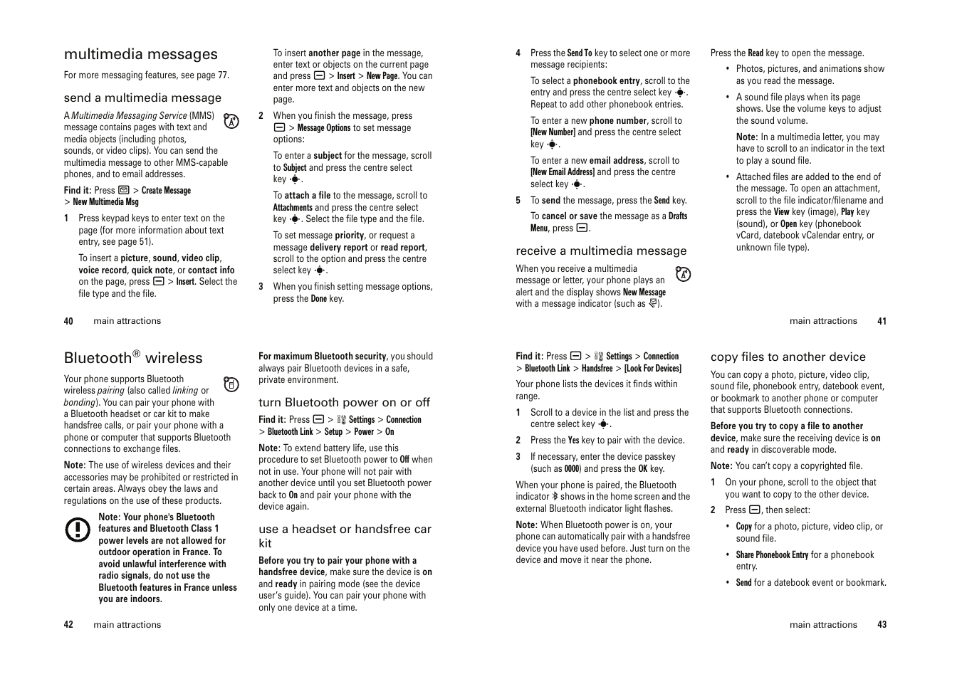 Multimedia messages, Bluetooth, Wireless | Motorola Cell Phone User Manual | Page 16 / 35