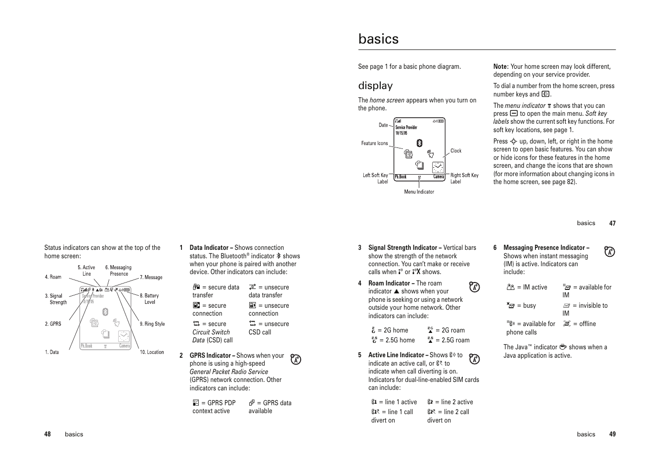 Basics, Display | Motorola Cell Phone User Manual | Page 18 / 35