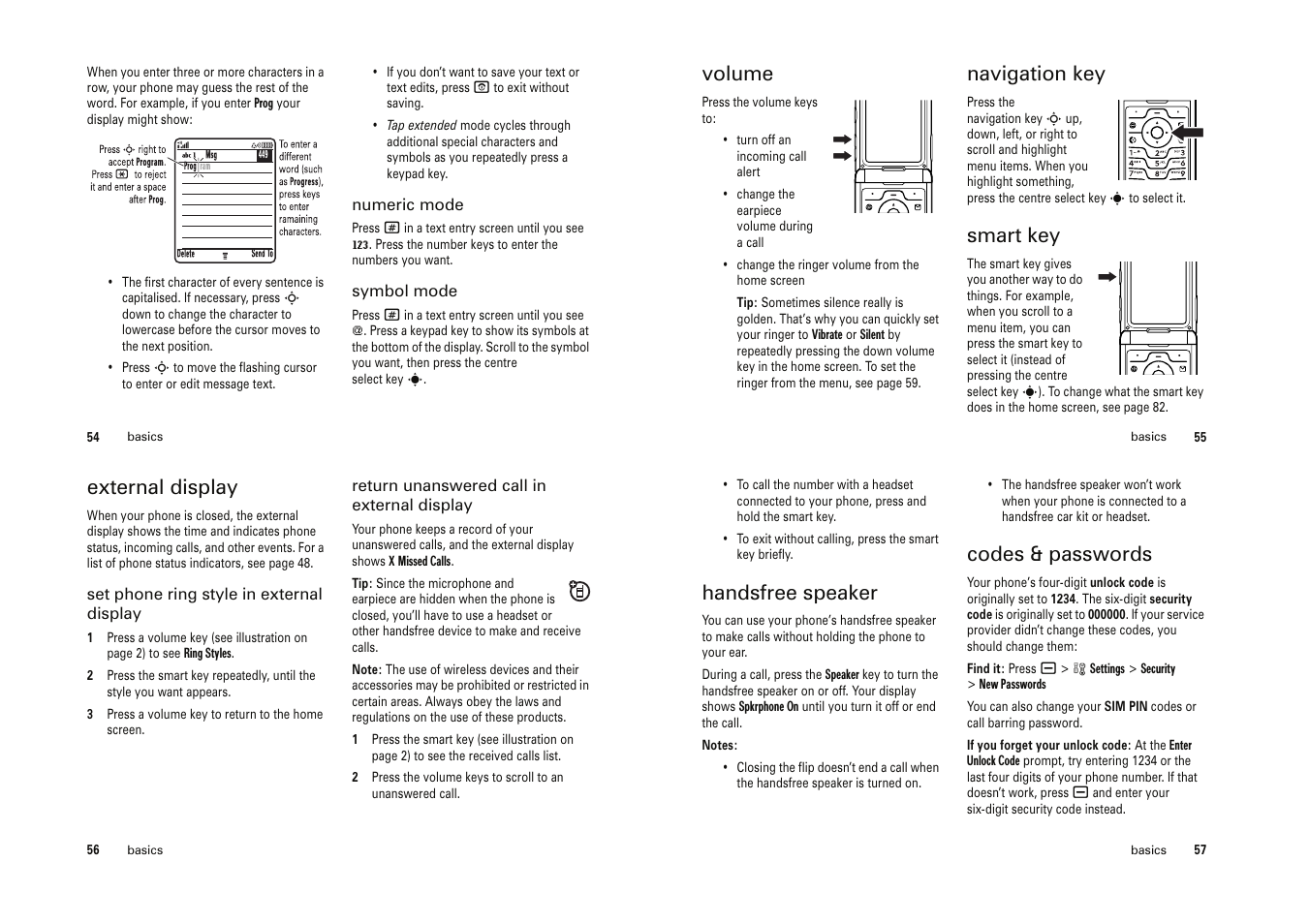 Volume, Navigation key, Smart key | External display, Handsfree speaker, Codes & passwords | Motorola Cell Phone User Manual | Page 20 / 35