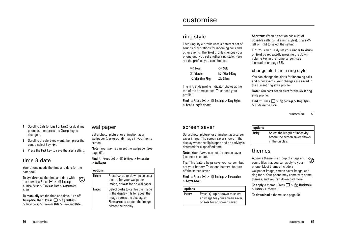 Customise, Ring style, Time & date | Wallpaper, Screen saver, Themes | Motorola Cell Phone User Manual | Page 22 / 35