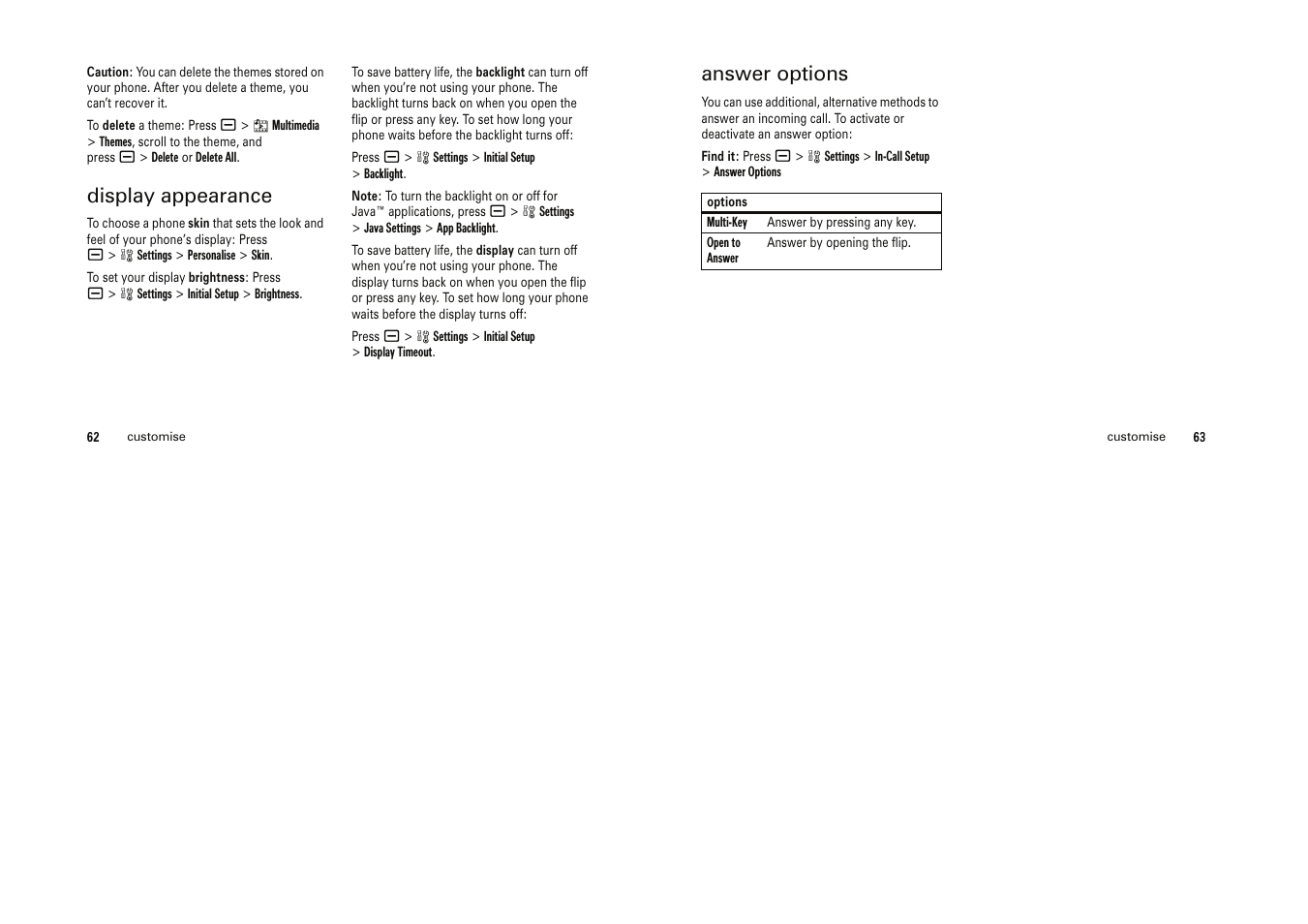 Display appearance, Answer options | Motorola Cell Phone User Manual | Page 23 / 35