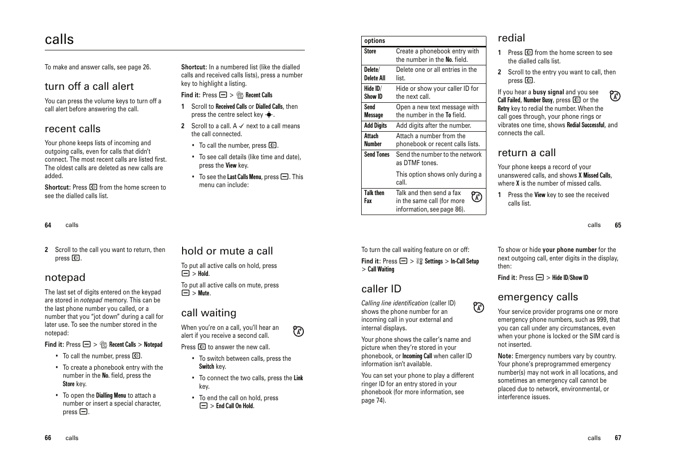 Calls, Turn off a call alert, Recent calls | Redial, Return a call, Hold or mute a call, Call waiting, Caller id, Emergency calls | Motorola Cell Phone User Manual | Page 24 / 35