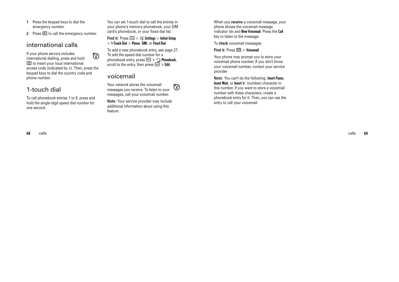 International calls, Touch dial, Voicemail | Motorola Cell Phone User Manual | Page 25 / 35