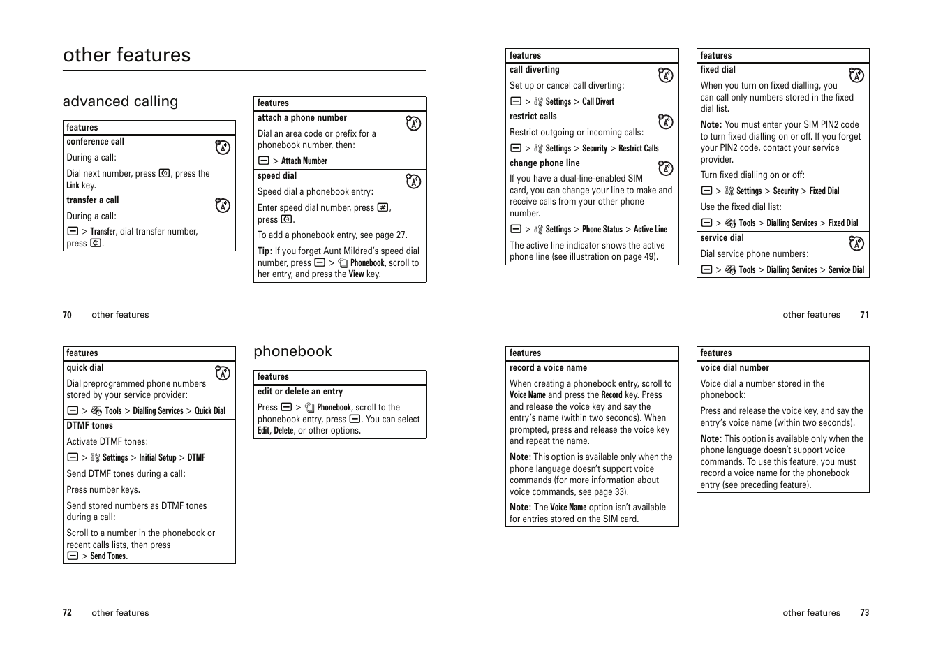 Other features, Advanced calling, Phonebook | Motorola Cell Phone User Manual | Page 26 / 35