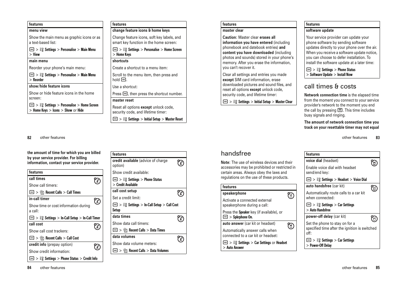 Call times & costs, Handsfree | Motorola Cell Phone User Manual | Page 29 / 35