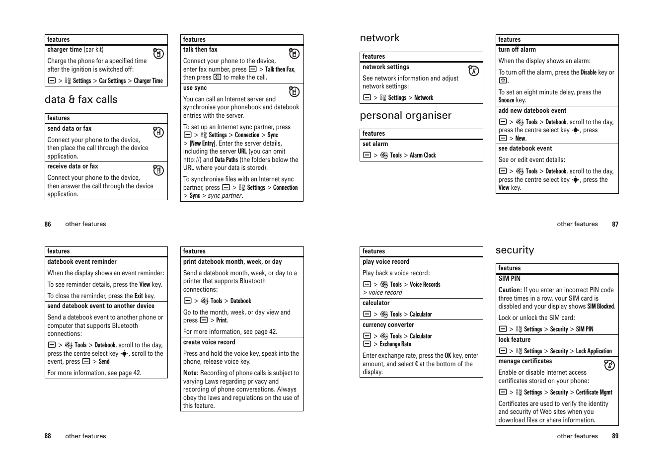 Data & fax calls, Network personal organiser, Security | Motorola Cell Phone User Manual | Page 30 / 35