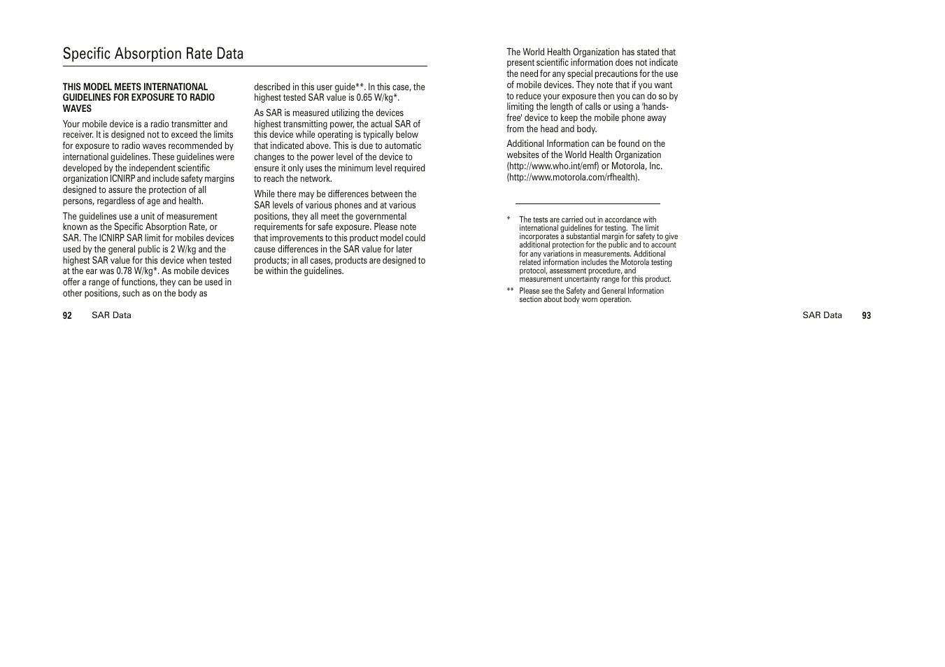 Specific absorption rate data, Sar data | Motorola Cell Phone User Manual | Page 32 / 35