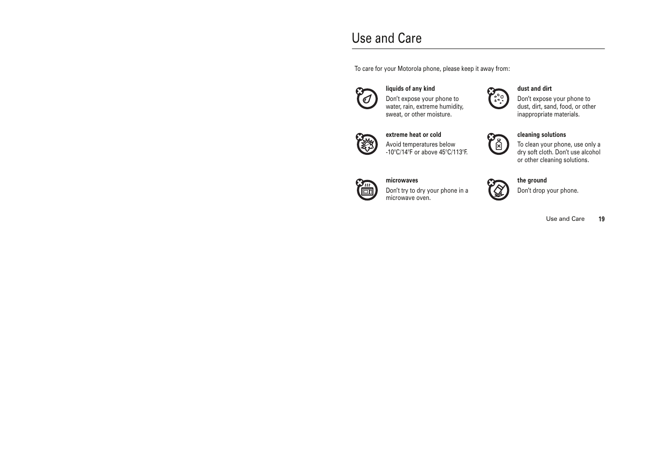 Use and care | Motorola Cell Phone User Manual | Page 8 / 35