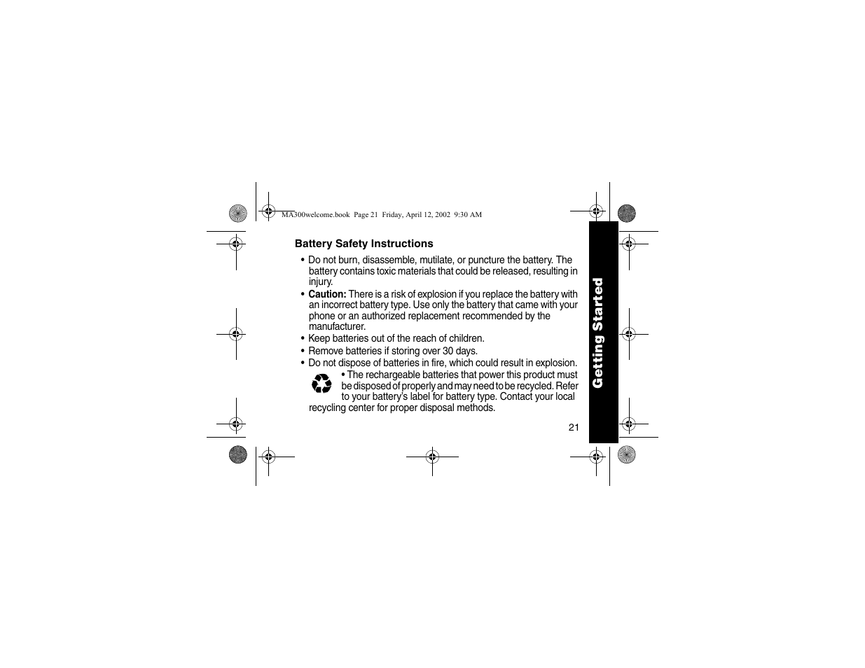 Battery safety instructions | Motorola MA300 User Manual | Page 23 / 56