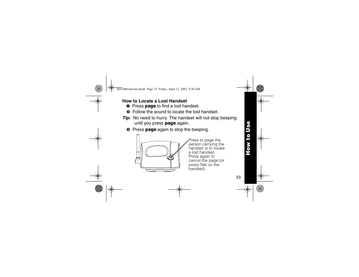 How to use basics, How to locate a lost handset | Motorola MA300 User Manual | Page 35 / 56