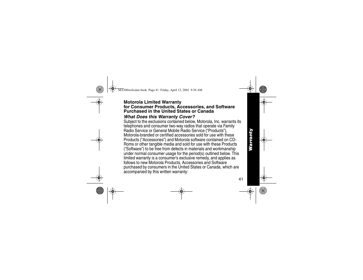 Warranty | Motorola MA300 User Manual | Page 43 / 56