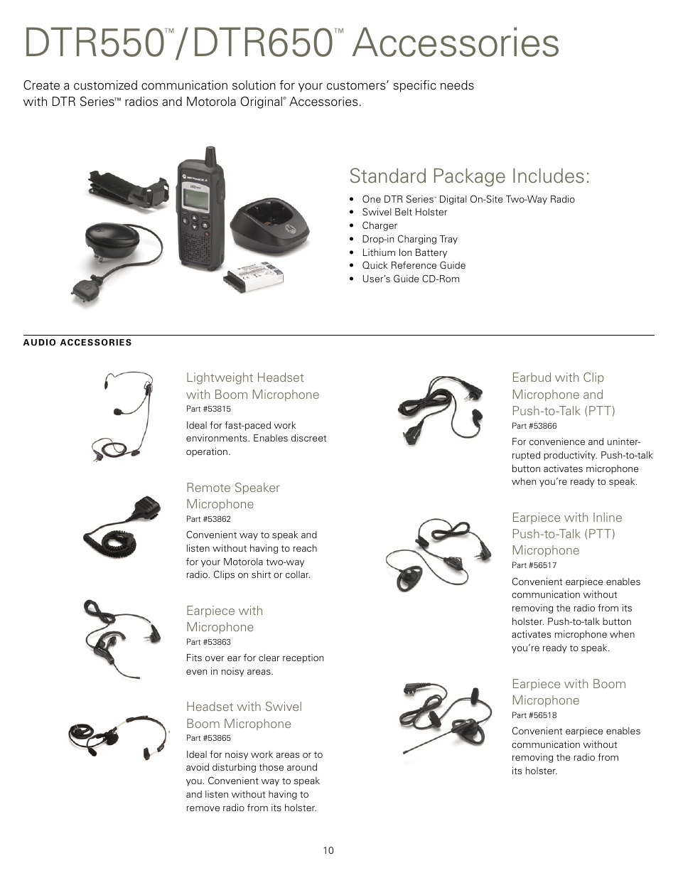 Dtr550, Dtr650, Accessories | Standard package includes | Motorola DTR550TM User Manual | Page 10 / 16