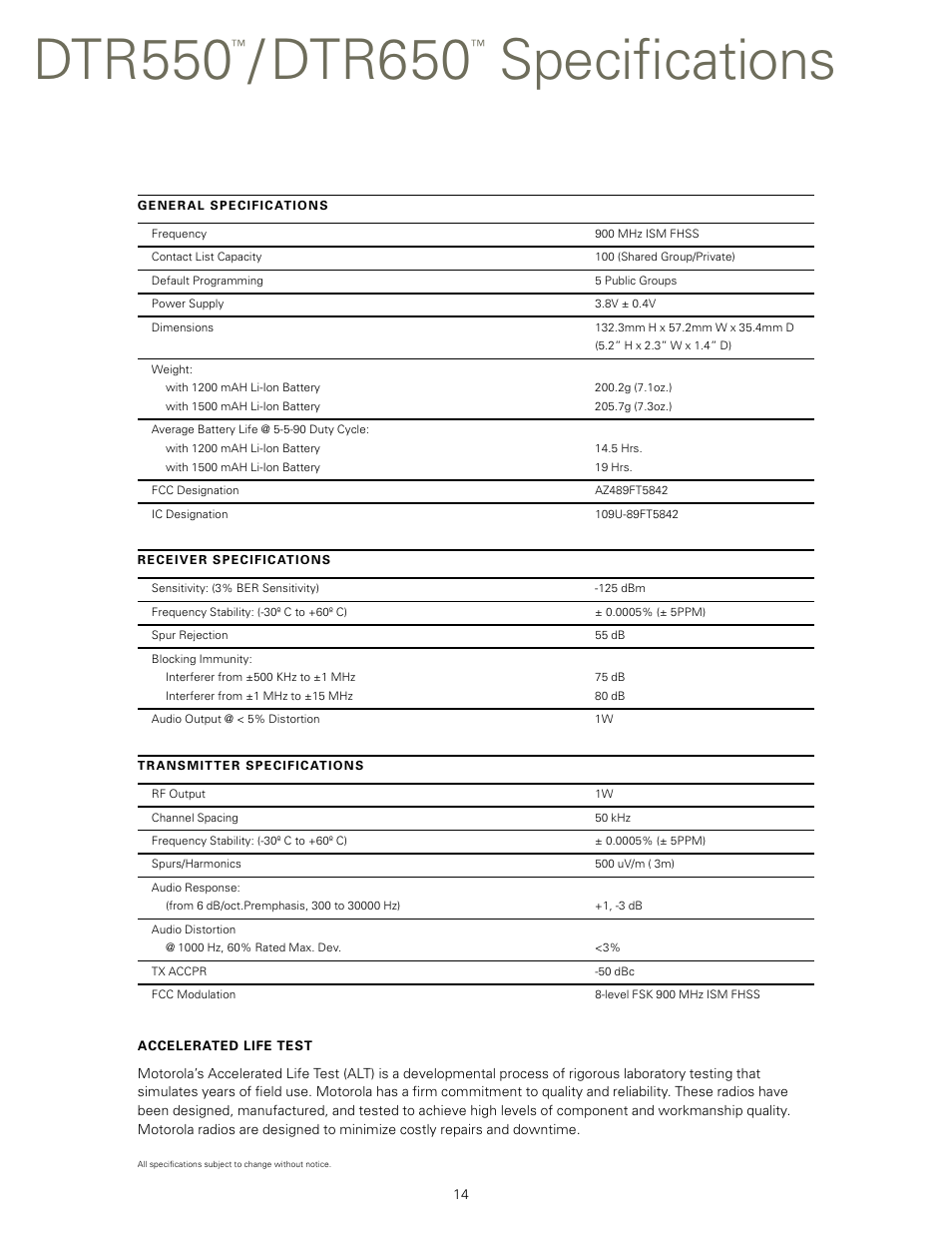 Dtr550, Dtr650, Speciﬁcations | Motorola DTR550TM User Manual | Page 14 / 16