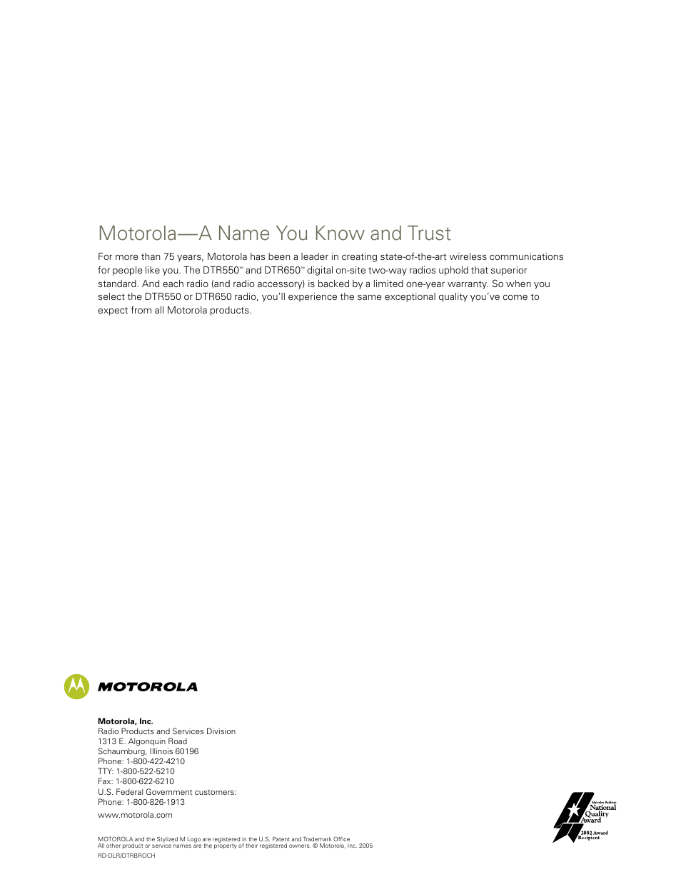 Motorola—a name you know and trust | Motorola DTR550TM User Manual | Page 16 / 16