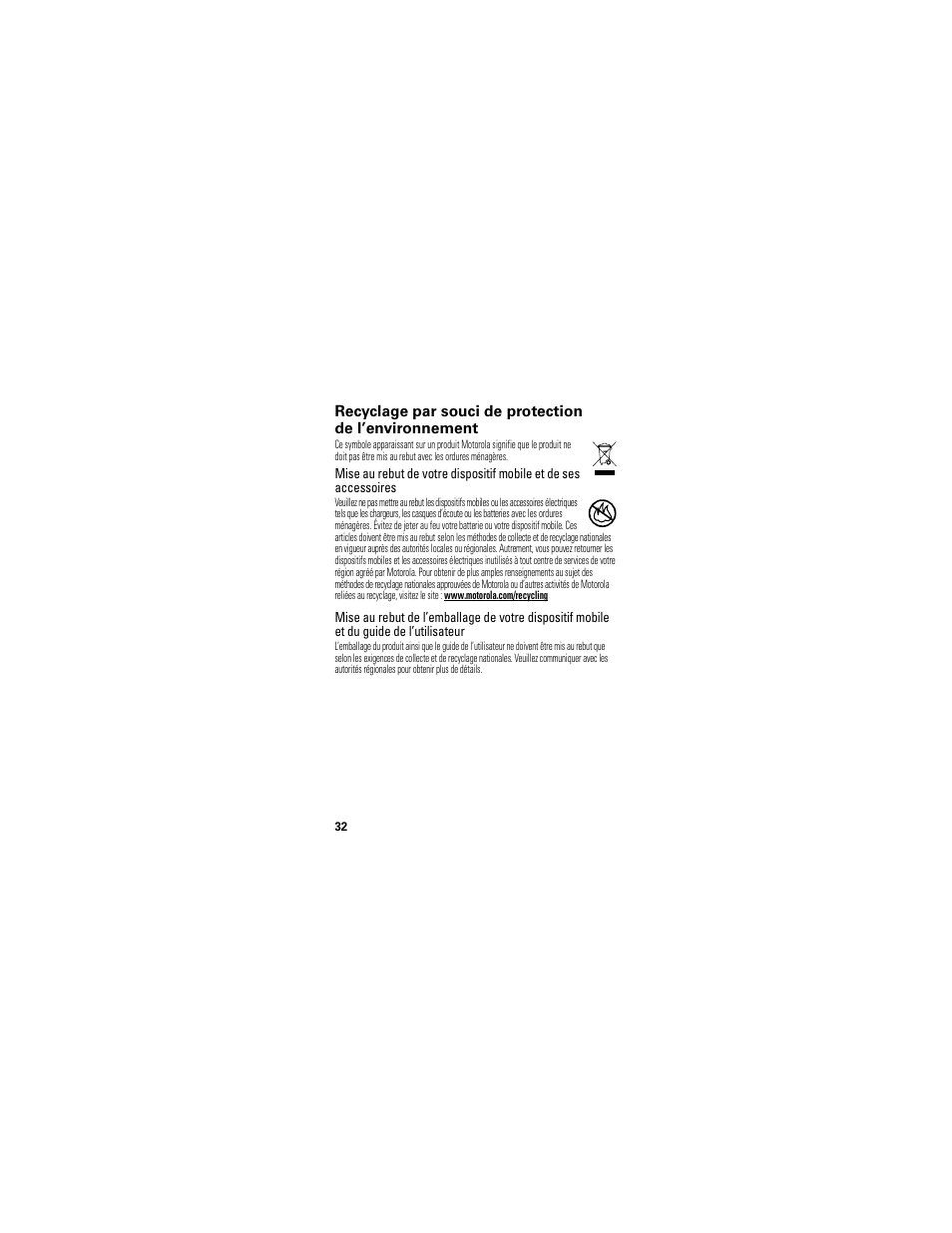 Information sur le recyclage | Motorola T325 User Manual | Page 106 / 110