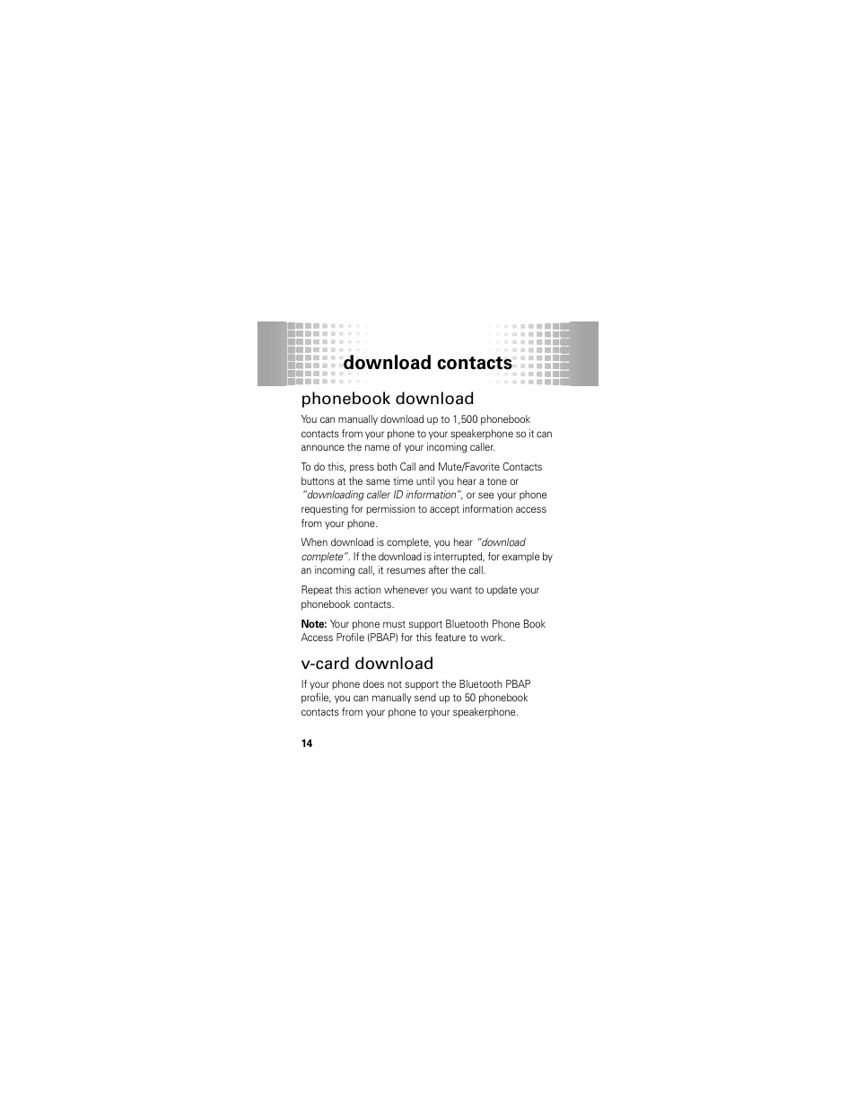 Download contacts, Phonebook download, V-card download | Motorola T325 User Manual | Page 16 / 110