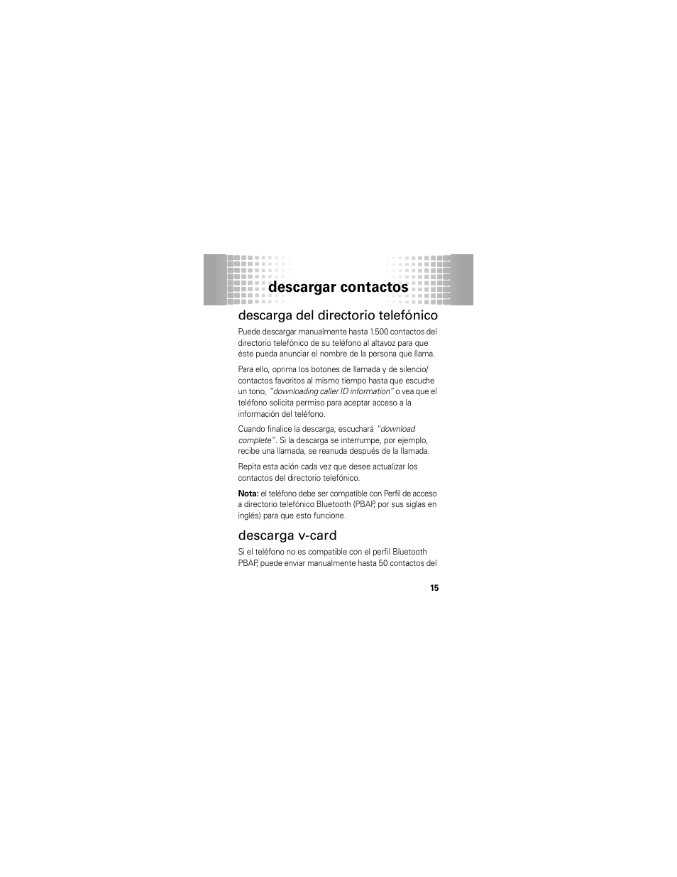 Descargar contactos, Descarga del directorio telefónico, Descarga v-card | Motorola T325 User Manual | Page 53 / 110