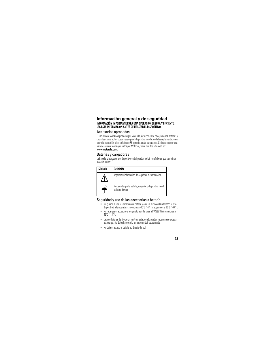 Información de seguridad, Información general y de seguridad | Motorola T325 User Manual | Page 61 / 110
