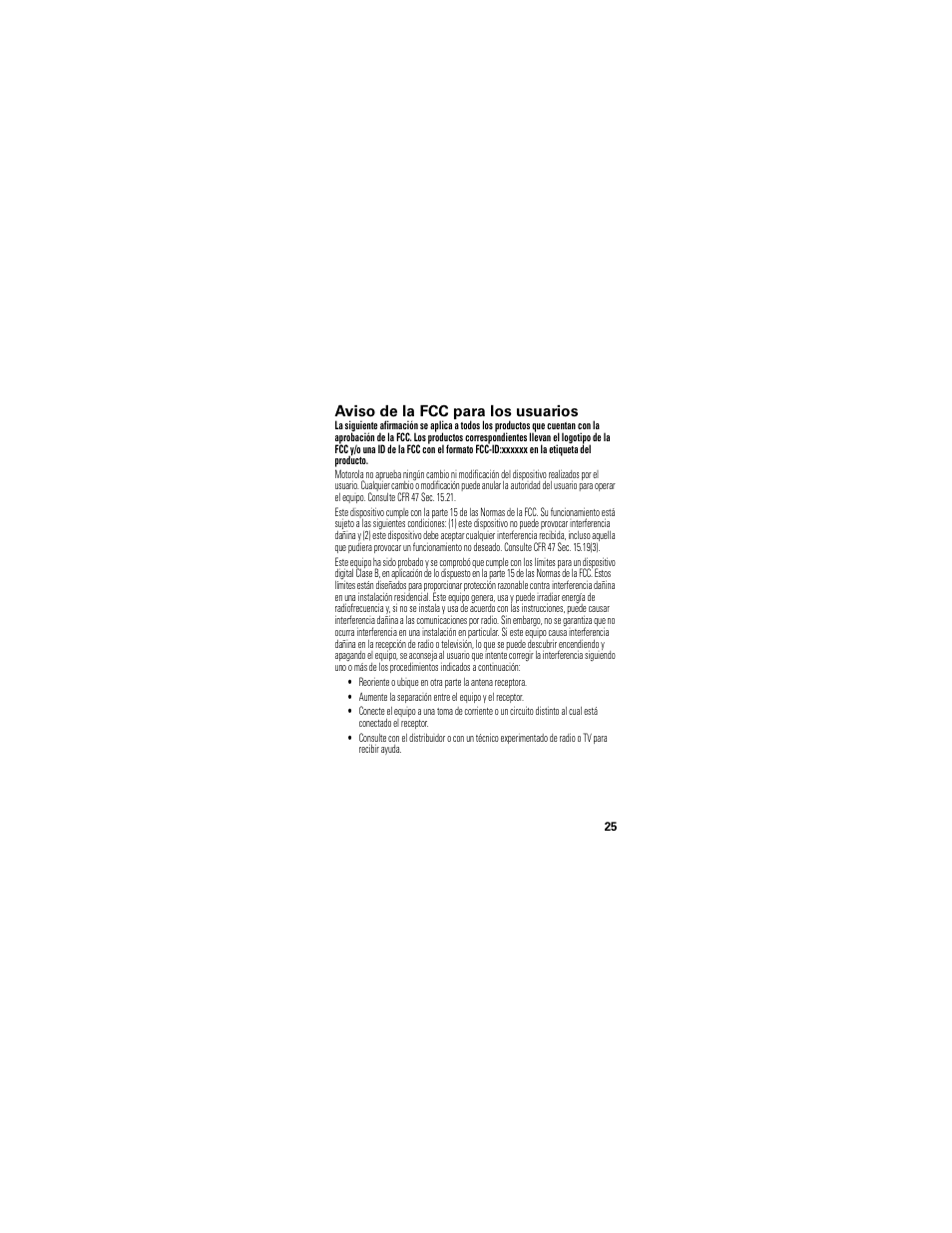 Aviso fcc, Aviso de la fcc para los usuarios | Motorola T325 User Manual | Page 63 / 110