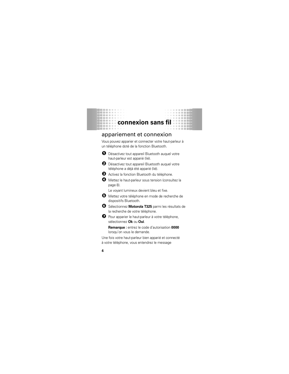 Connexion sans fil, Appariement et connexion | Motorola T325 User Manual | Page 78 / 110