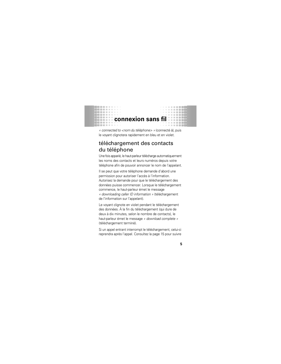 Téléchargement des contacts du téléphone, Connexion sans fil | Motorola T325 User Manual | Page 79 / 110