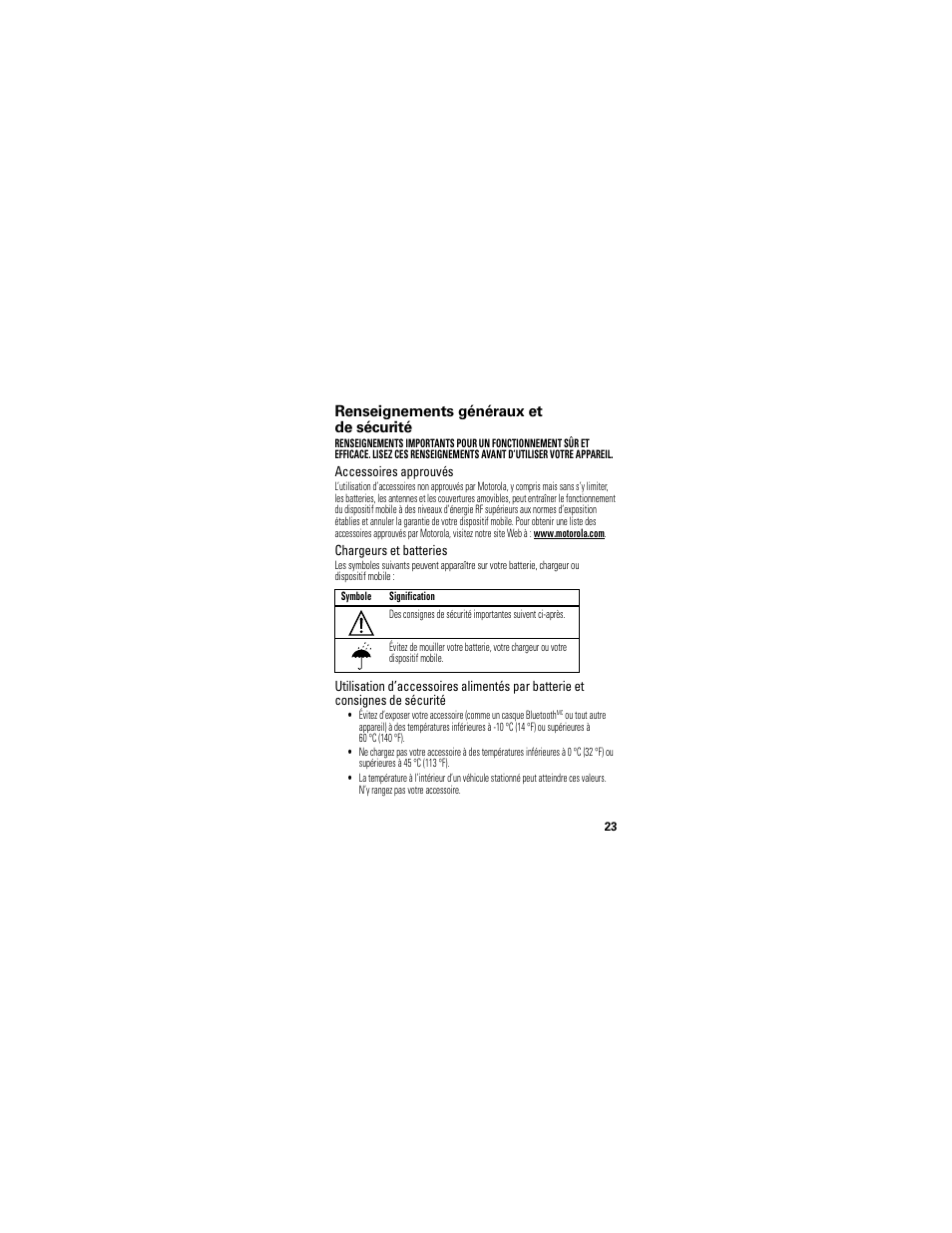Renseignements de sécurité, Renseignements généraux et de sécurité | Motorola T325 User Manual | Page 97 / 110