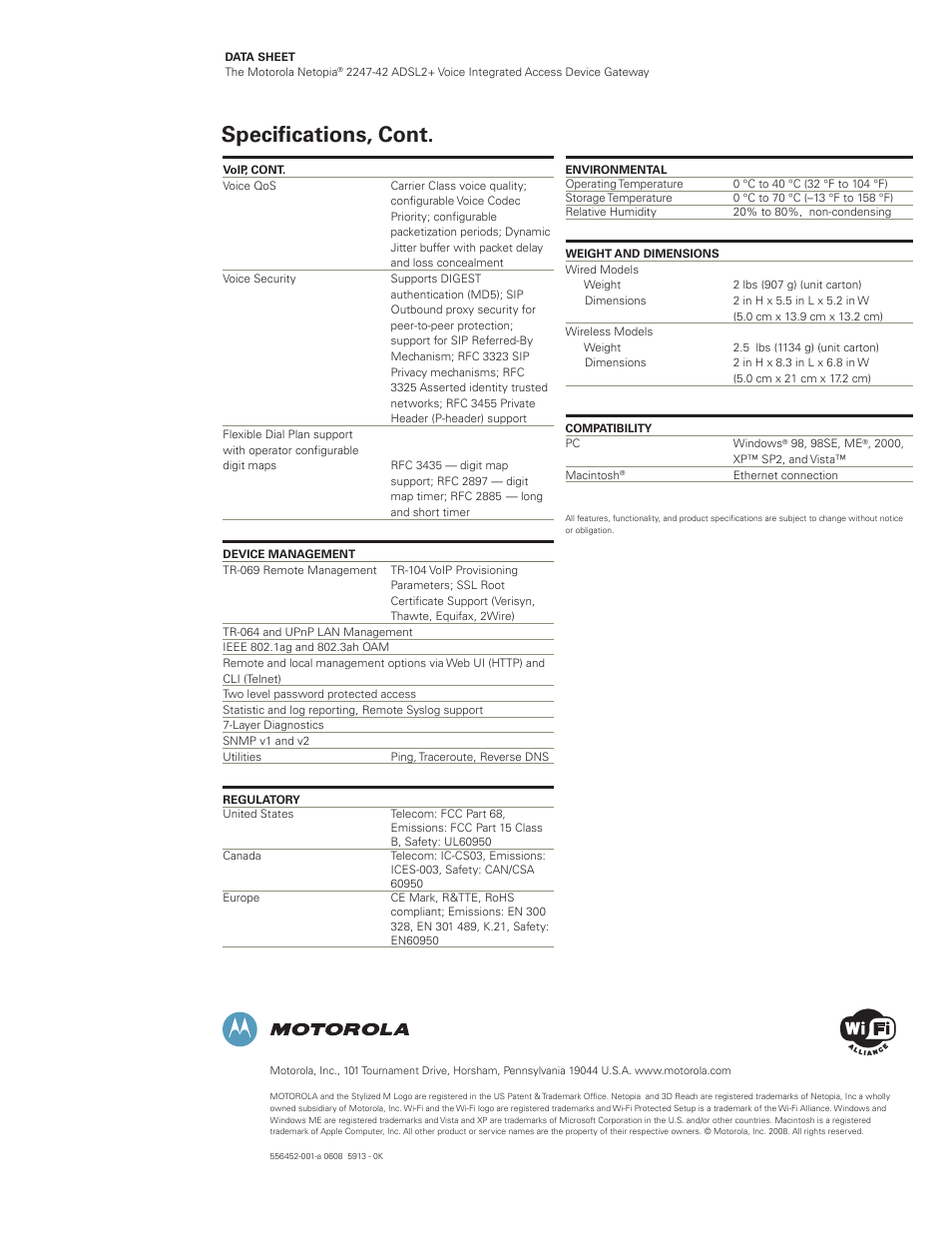 Specifications, cont | Motorola Netopia 2247-42 User Manual | Page 4 / 4