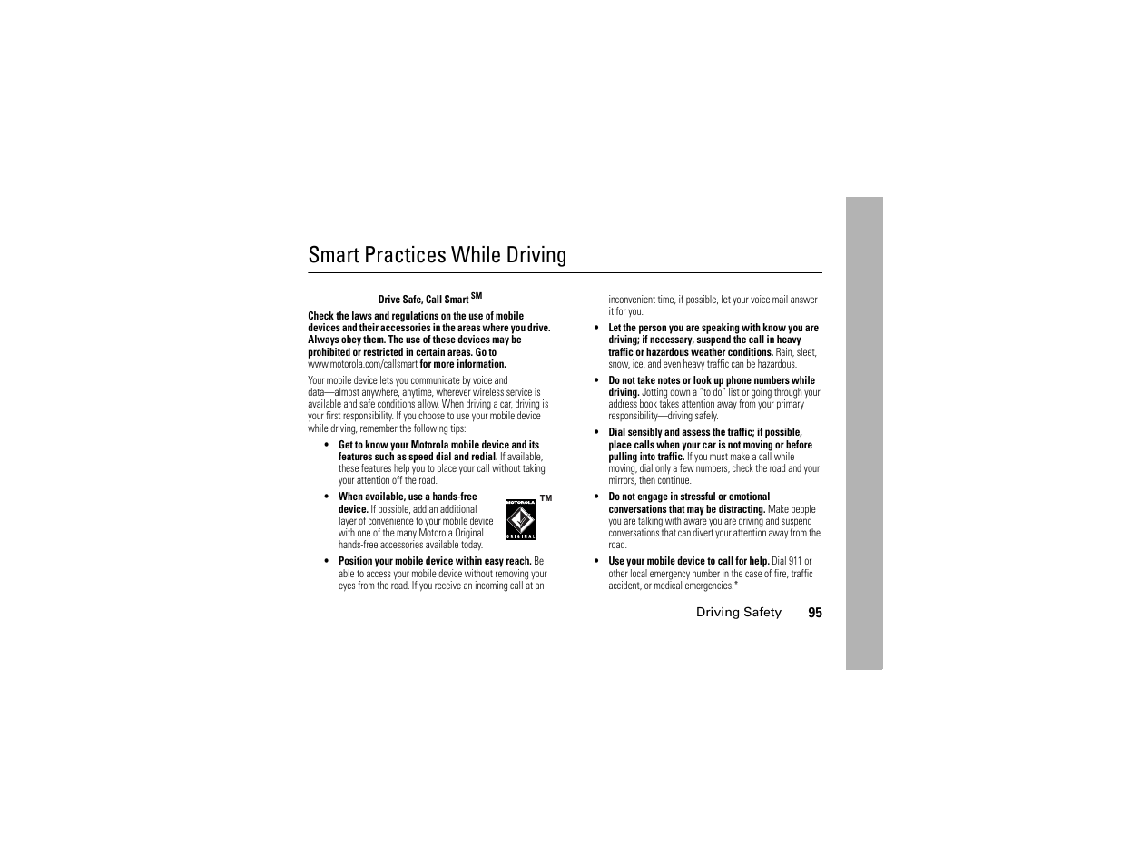 Smart practices while driving, Smart practices while, Driving | Motorola I290 User Manual | Page 101 / 108