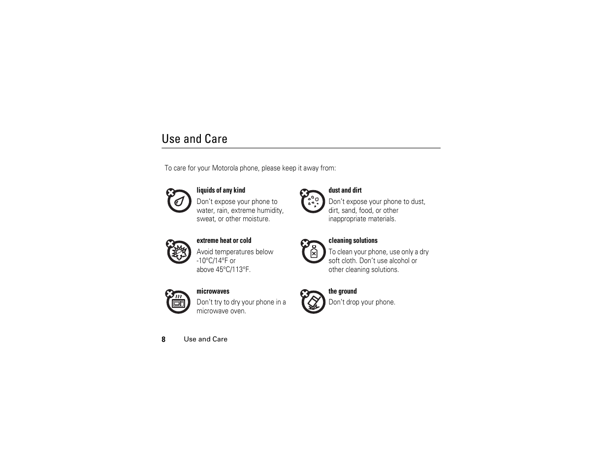 Use and care | Motorola I290 User Manual | Page 14 / 108