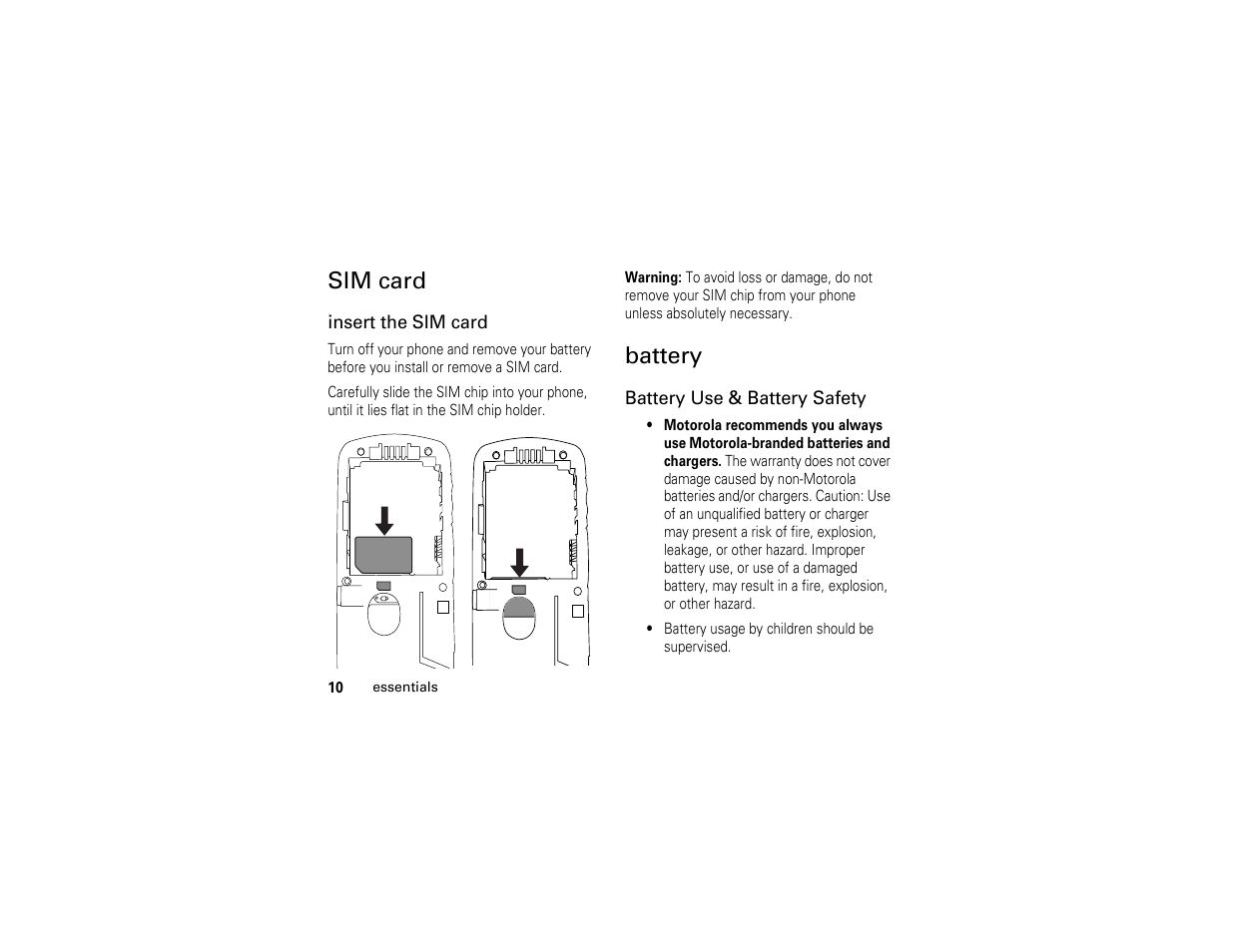 Sim card, Battery | Motorola I290 User Manual | Page 16 / 108