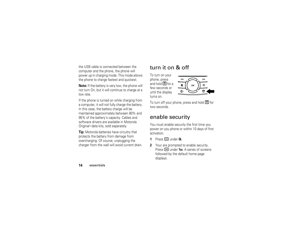 Turn it on & off, Enable security | Motorola I290 User Manual | Page 20 / 108