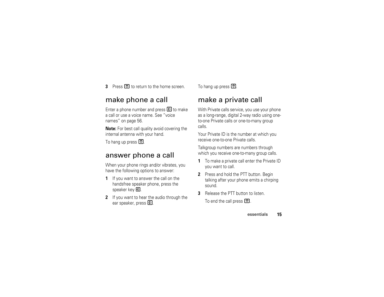 Make phone a call, Answer phone a call, Make a private call | Motorola I290 User Manual | Page 21 / 108