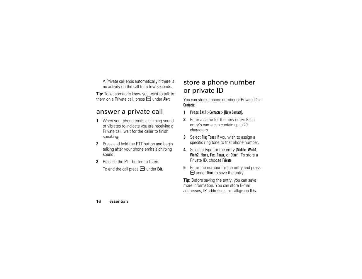 Answer a private call, Store a phone number or private id, Store a phone number | Or private id | Motorola I290 User Manual | Page 22 / 108