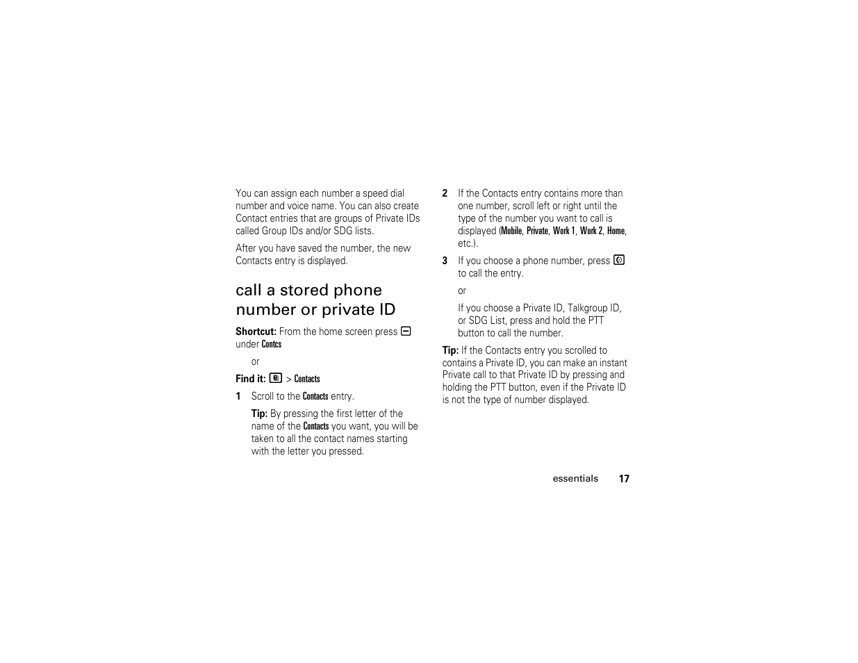Call a stored phone number or private id, Call a stored phone, Number or private id | Motorola I290 User Manual | Page 23 / 108