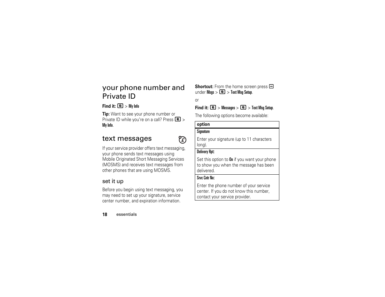 Your phone number and private id, Text messages, Your phone number | And private id | Motorola I290 User Manual | Page 24 / 108