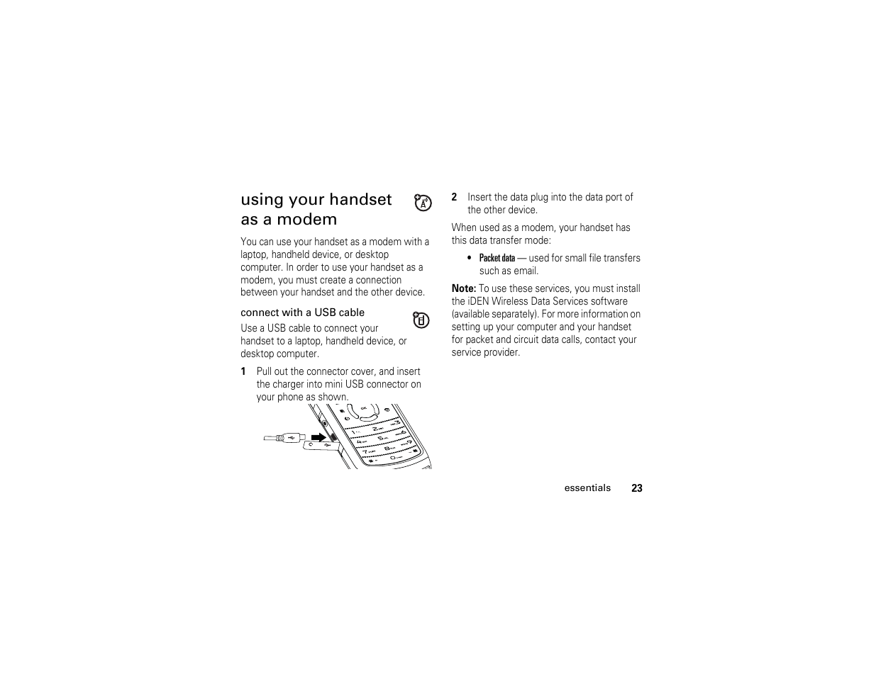 Using your handset as a modem, Using your handset, As a modem | Motorola I290 User Manual | Page 29 / 108