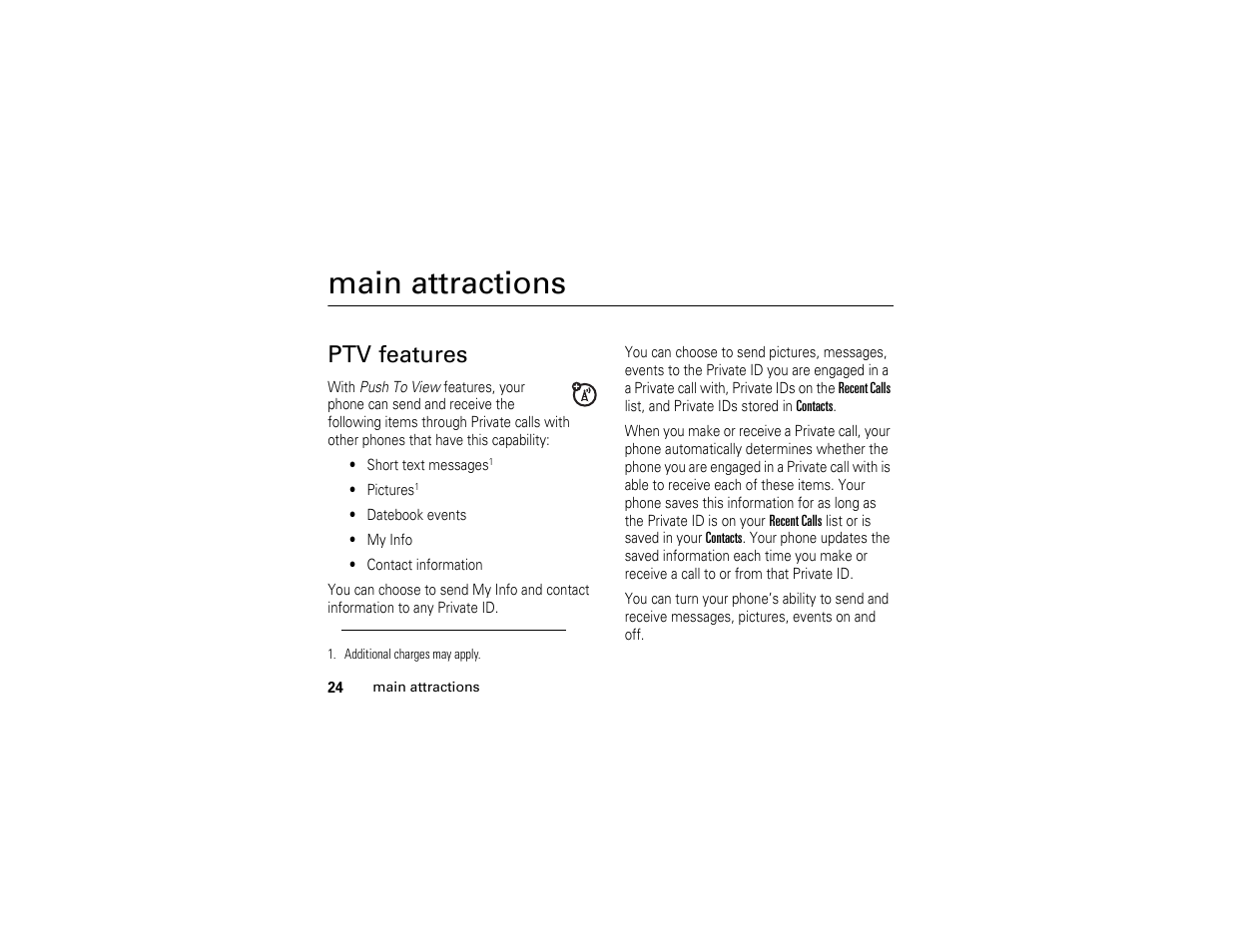 Main attractions, Ptv features | Motorola I290 User Manual | Page 30 / 108